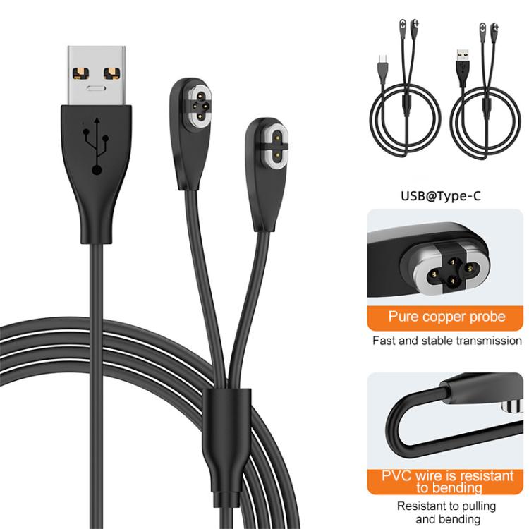 USB to 2 Pin / 4 Pin 2 in 1 Magnetic Charging Cable For Shokz Bone Conduction Earphone - Black