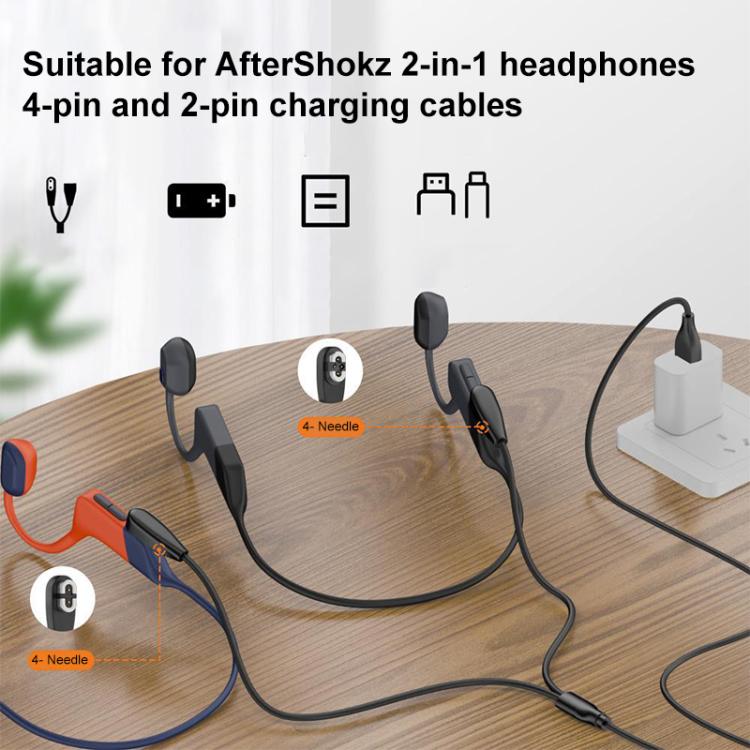 USB to 2 Pin / 4 Pin 2 in 1 Magnetic Charging Cable For Shokz Bone Conduction Earphone - Black