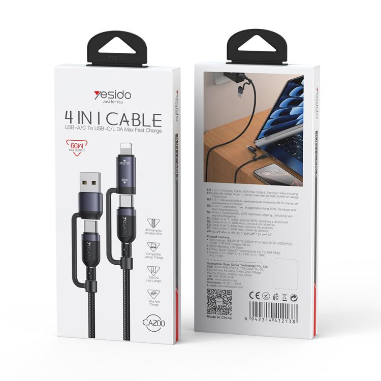 Yesido CA200 1.2m 60W USB / Type-C to Type-C / 8 Pin Fast Charging Data Cable - Black