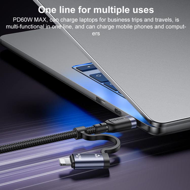 Yesido CA200 1.2m 60W USB / Type-C to Type-C / 8 Pin Fast Charging Data Cable - Black