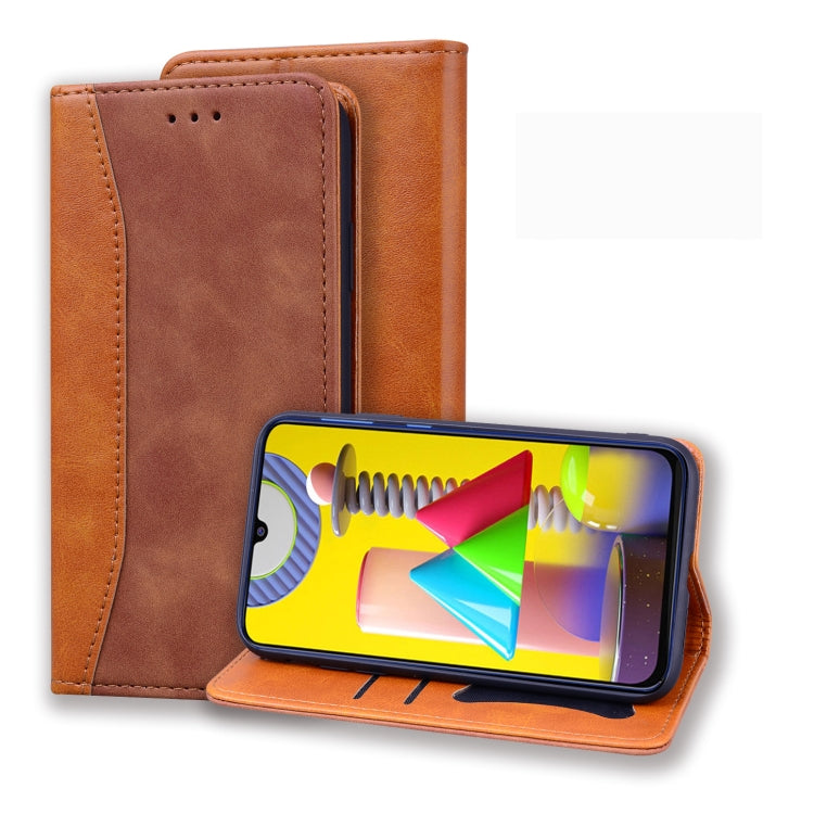 For Samsung Galaxy M31 Business Stitching Horizontal Flip Leather Case with Double Folding & Bracket & Card Slots & Photo Frame & Wallet