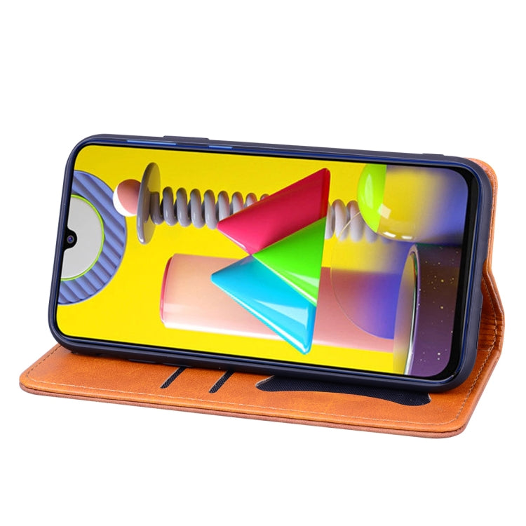 For Samsung Galaxy M31 Business Stitching Horizontal Flip Leather Case with Double Folding & Bracket & Card Slots & Photo Frame & Wallet