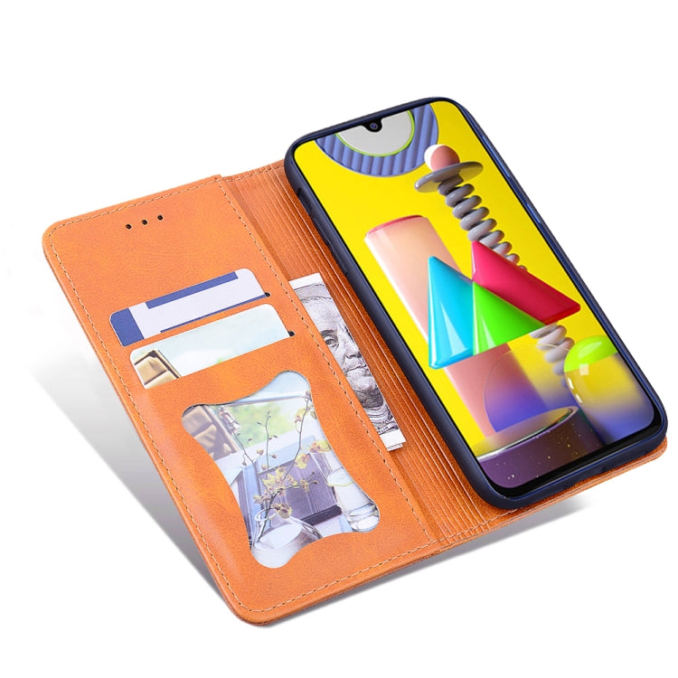 For Samsung Galaxy M31 Business Stitching Horizontal Flip Leather Case with Double Folding & Bracket & Card Slots & Photo Frame & Wallet