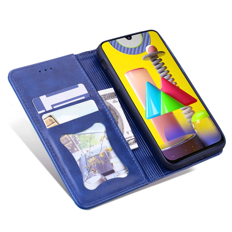 For Samsung Galaxy M31 Business Stitching Horizontal Flip Leather Case with Double Folding & Bracket & Card Slots & Photo Frame & Wallet