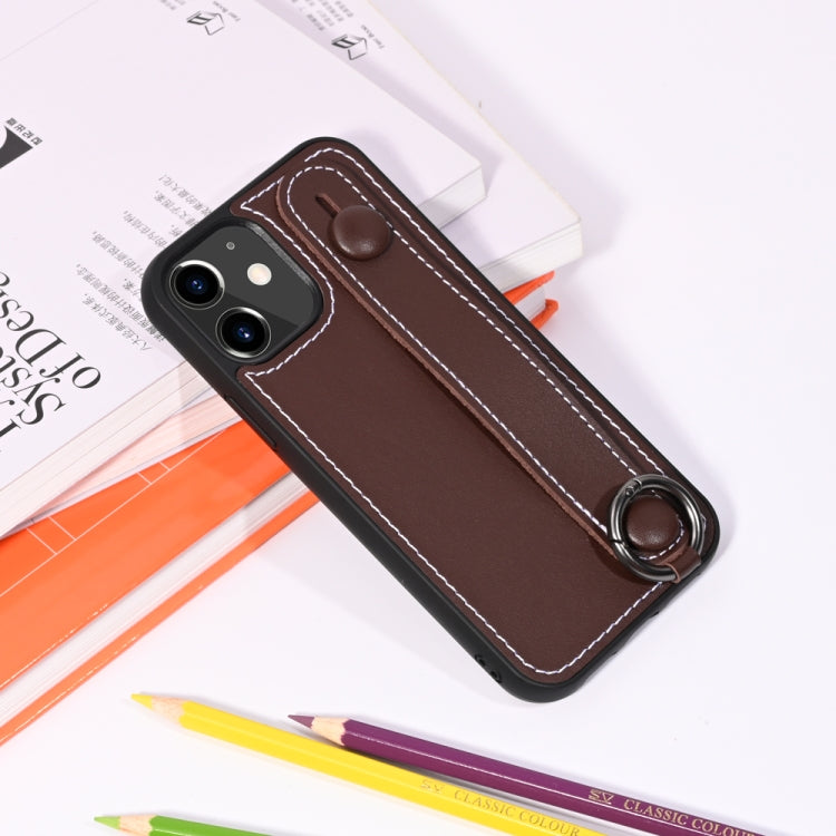 For iPhone 11 Top Layer Cowhide Shockproof Protective Case with Wrist Strap Bracket