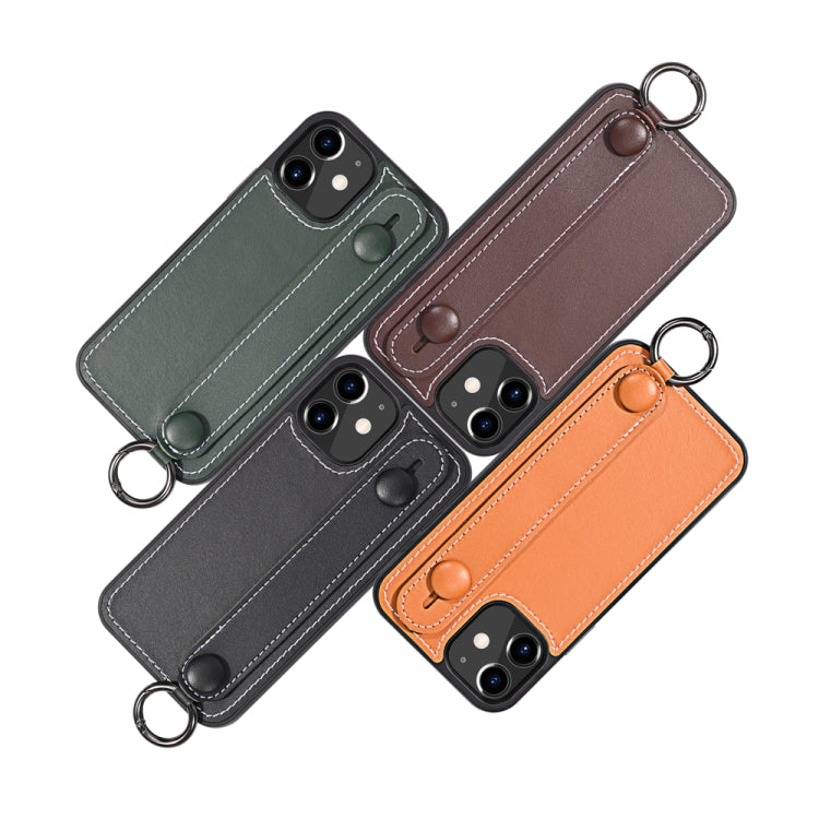For iPhone 11 Top Layer Cowhide Shockproof Protective Case with Wrist Strap Bracket