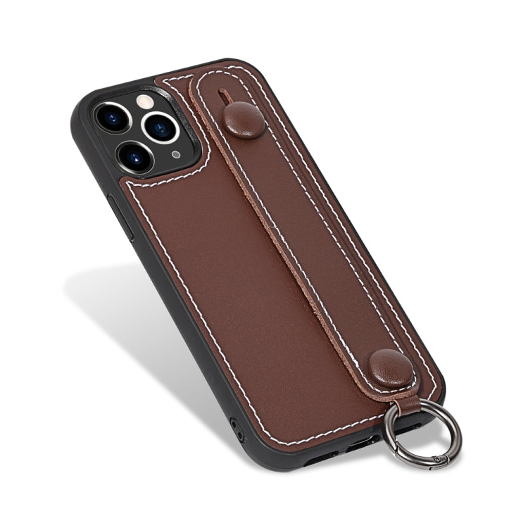 For iPhone 11 Pro Top Layer Cowhide Shockproof Protective Case with Wrist Strap Bracket