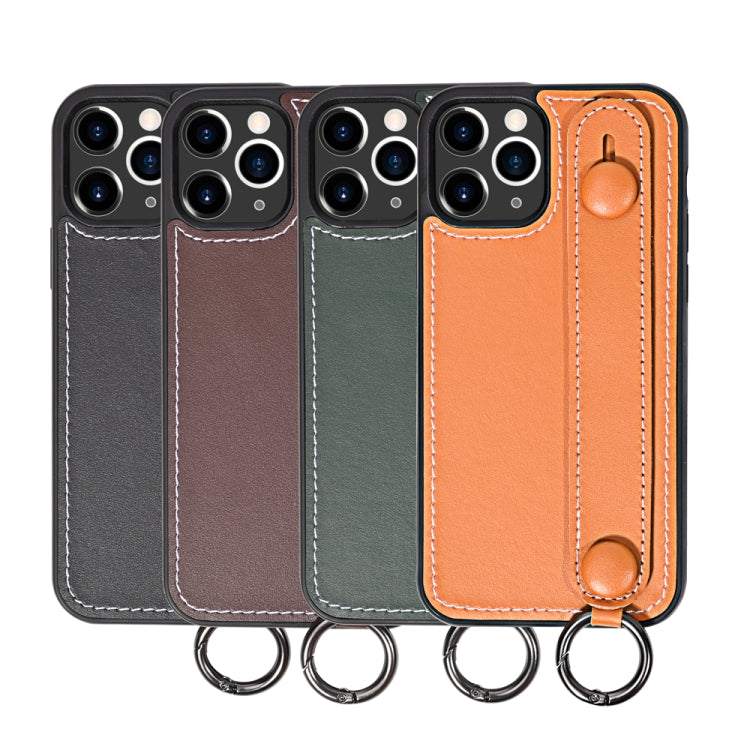 For iPhone 11 Pro Top Layer Cowhide Shockproof Protective Case with Wrist Strap Bracket