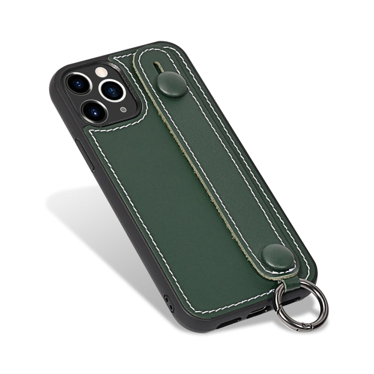 For iPhone 11 Pro Top Layer Cowhide Shockproof Protective Case with Wrist Strap Bracket