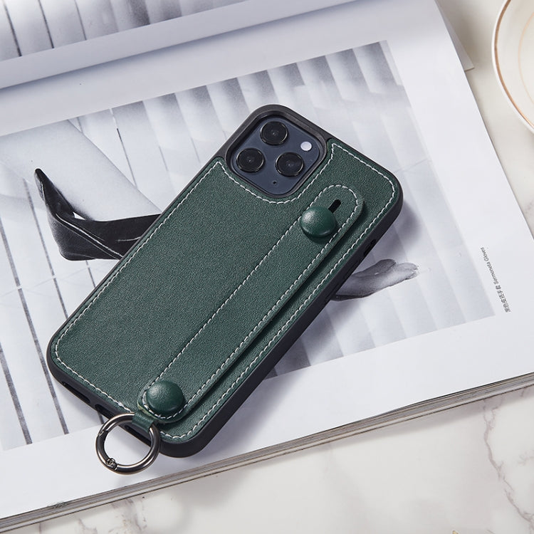 For iPhone 11 Pro Top Layer Cowhide Shockproof Protective Case with Wrist Strap Bracket