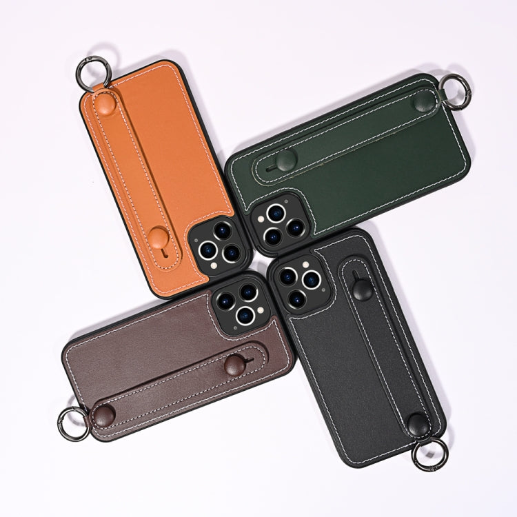 For iPhone 11 Pro Max Top Layer Cowhide Shockproof Protective Case with Wrist Strap Bracket