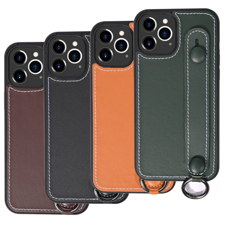 For iPhone 11 Pro Max Top Layer Cowhide Shockproof Protective Case with Wrist Strap Bracket