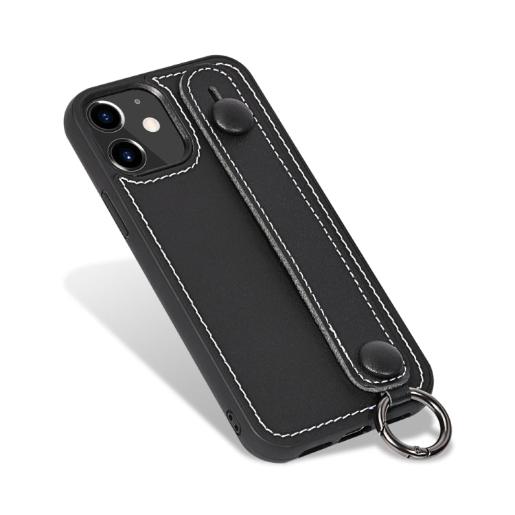For iPhone 12 mini Top Layer Cowhide Shockproof Protective Case with Wrist Strap Bracket