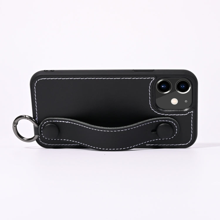 For iPhone 12 mini Top Layer Cowhide Shockproof Protective Case with Wrist Strap Bracket