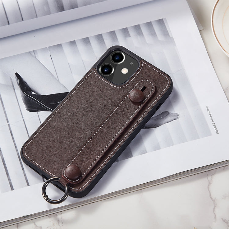 For iPhone 12 mini Top Layer Cowhide Shockproof Protective Case with Wrist Strap Bracket