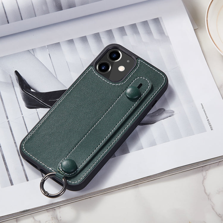 For iPhone 12 mini Top Layer Cowhide Shockproof Protective Case with Wrist Strap Bracket