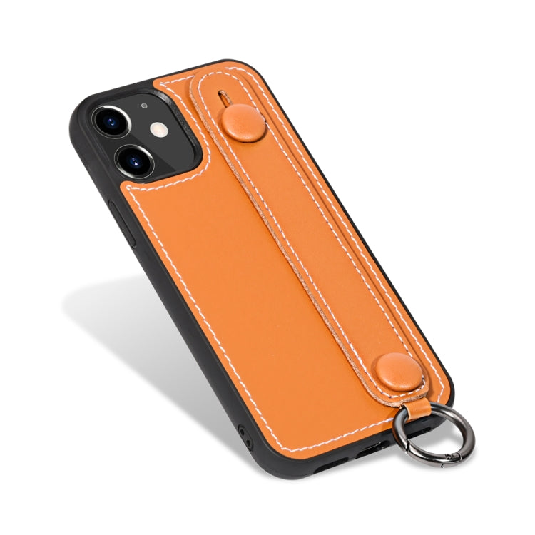 For iPhone 12 mini Top Layer Cowhide Shockproof Protective Case with Wrist Strap Bracket