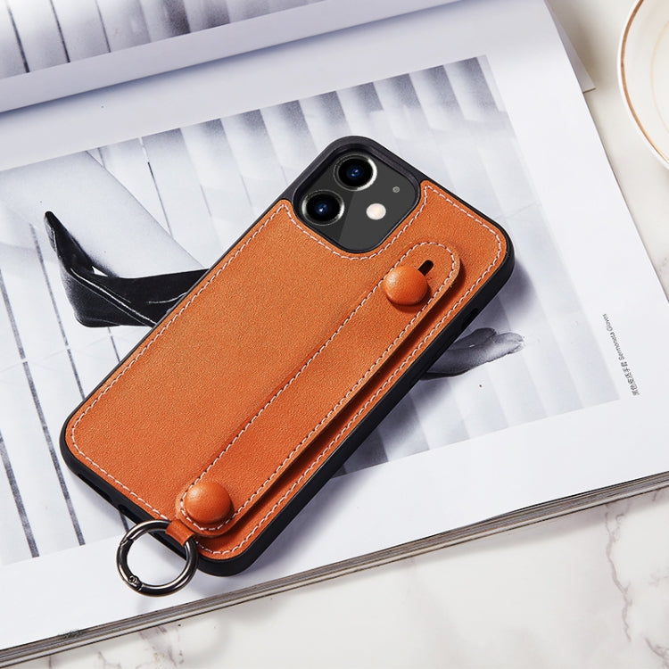 For iPhone 12 mini Top Layer Cowhide Shockproof Protective Case with Wrist Strap Bracket
