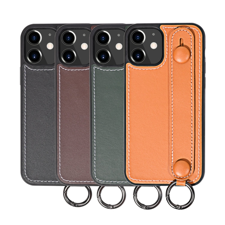 For iPhone 12 mini Top Layer Cowhide Shockproof Protective Case with Wrist Strap Bracket
