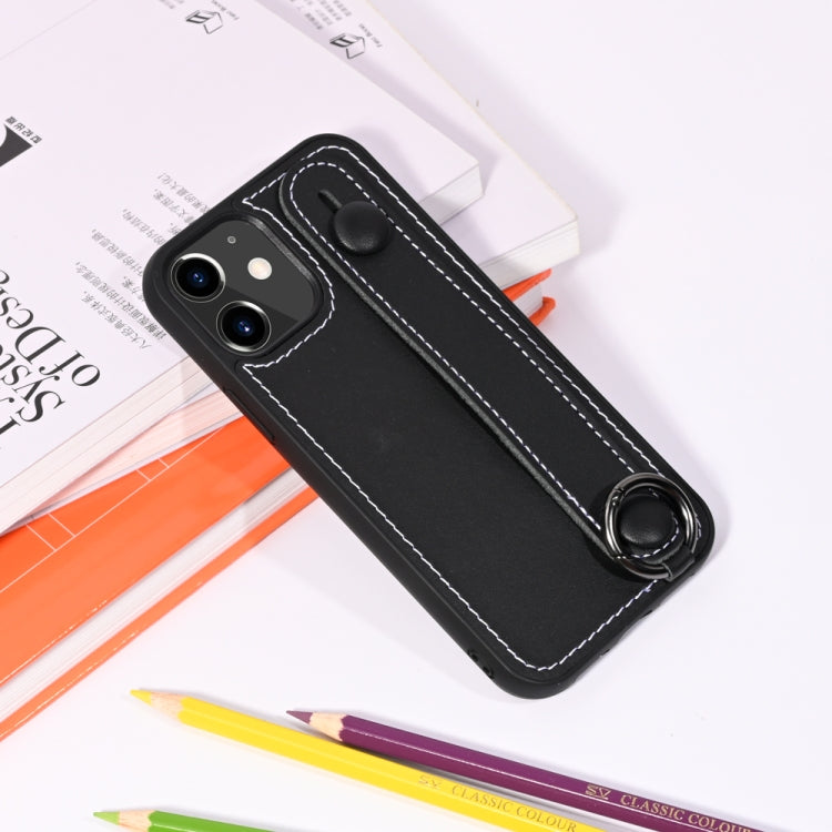 For iPhone 12 / 12 Pro Top Layer Cowhide Shockproof Protective Case with Wrist Strap Bracket