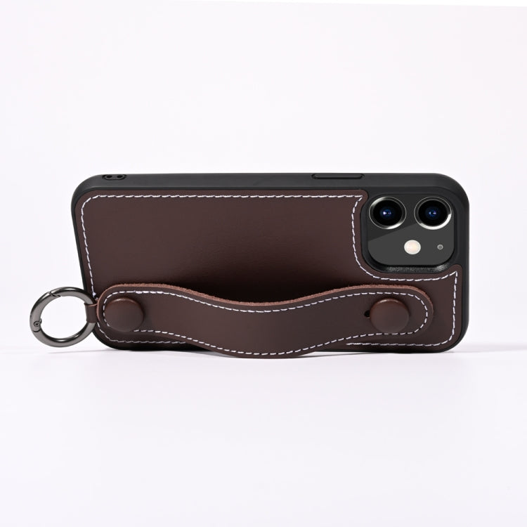 For iPhone 12 / 12 Pro Top Layer Cowhide Shockproof Protective Case with Wrist Strap Bracket