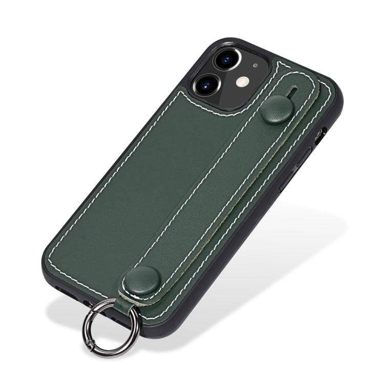 For iPhone 12 / 12 Pro Top Layer Cowhide Shockproof Protective Case with Wrist Strap Bracket