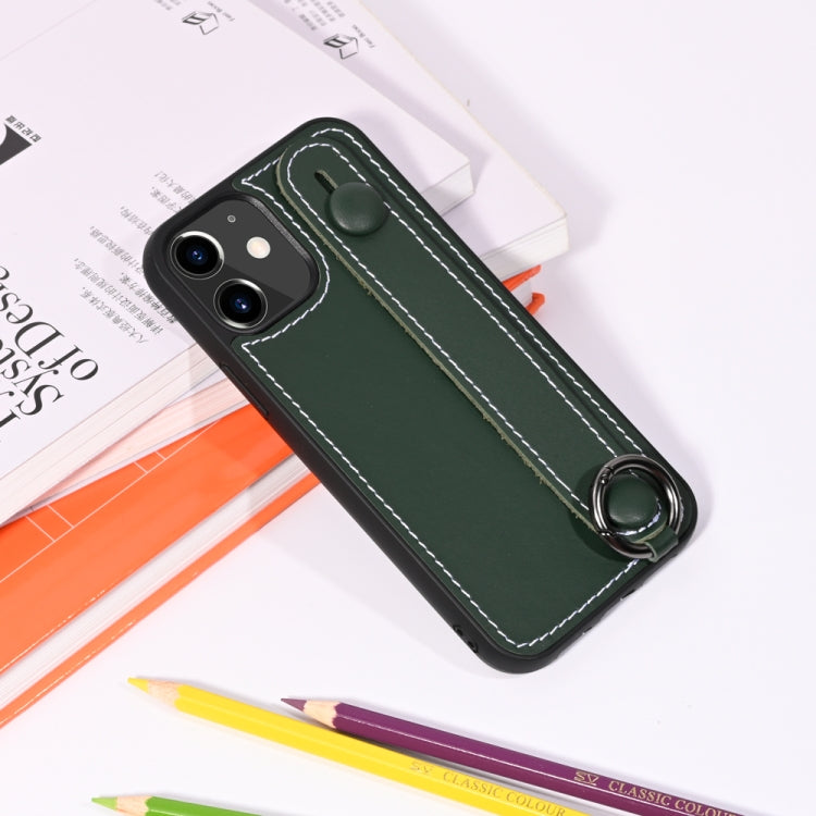 For iPhone 12 / 12 Pro Top Layer Cowhide Shockproof Protective Case with Wrist Strap Bracket