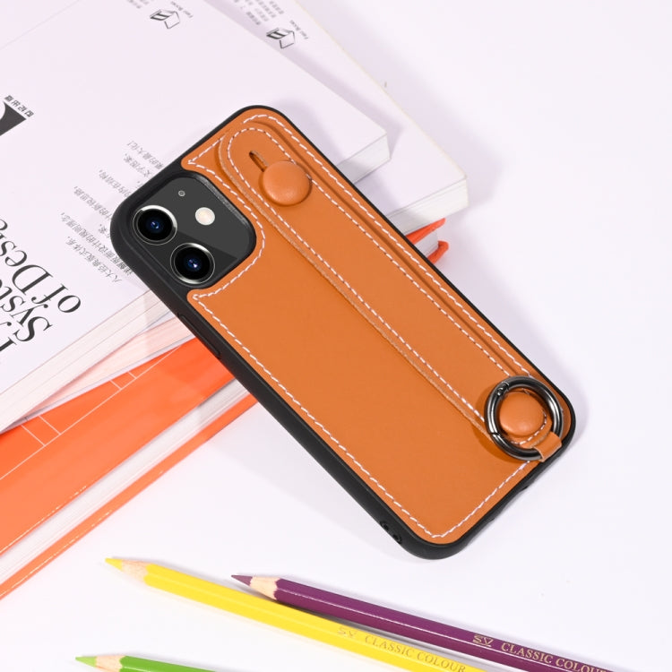 For iPhone 12 / 12 Pro Top Layer Cowhide Shockproof Protective Case with Wrist Strap Bracket
