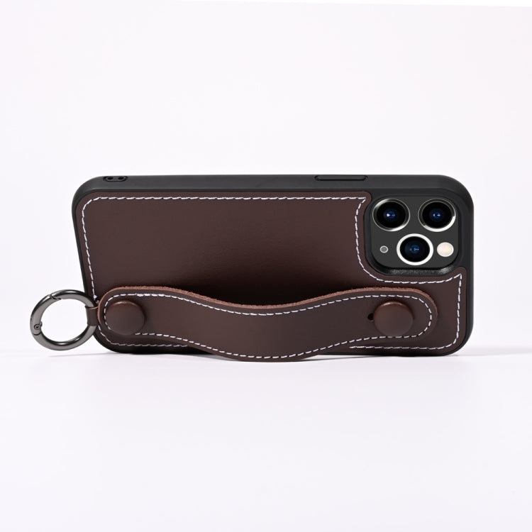For iPhone 12 Pro Max Top Layer Cowhide Shockproof Protective Case with Wrist Strap Bracket