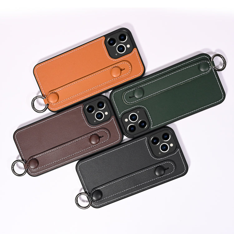 For iPhone 12 Pro Max Top Layer Cowhide Shockproof Protective Case with Wrist Strap Bracket