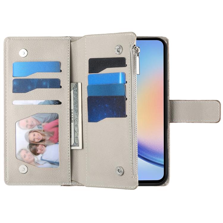 For Samsung Galaxy A34 5G Stitching Multi-card Zipper Wallet Leather Phone Case with Short Strap