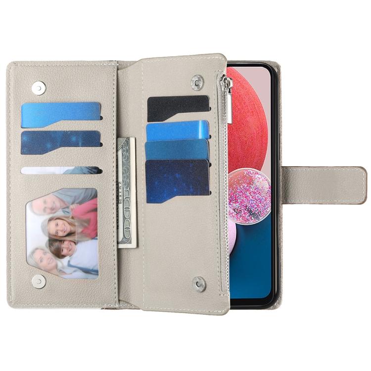For Samsung Galaxy A73 5G Stitching Multi-card Zipper Wallet Leather Phone Case with Short Strap
