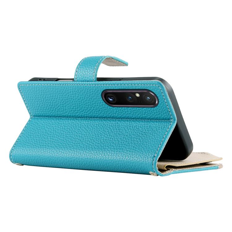 For Sony Xperia 1 V Stitching Multi-card Zipper Wallet Leather Phone Case with Short Strap