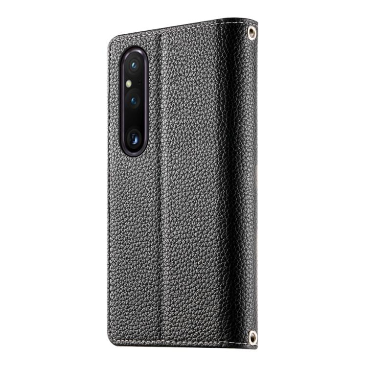 For Sony Xperia 1 V Stitching Multi-card Zipper Wallet Leather Phone Case with Short Strap