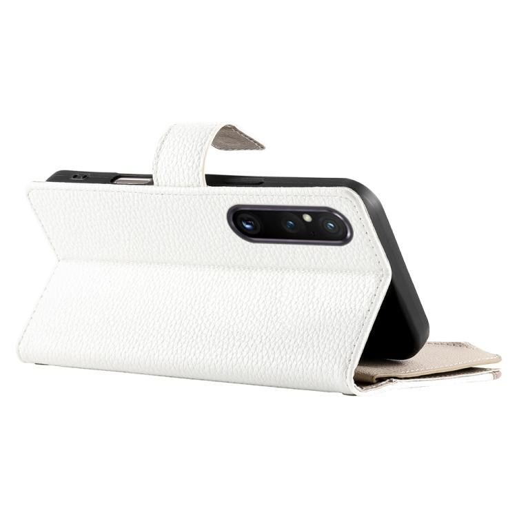 For Sony Xperia 1 V Stitching Multi-card Zipper Wallet Leather Phone Case with Short Strap