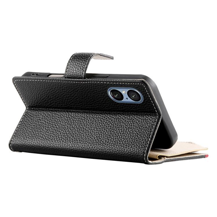 For Sony Xperia 5 V Stitching Multi-card Zipper Wallet Leather Phone Case with Short Strap