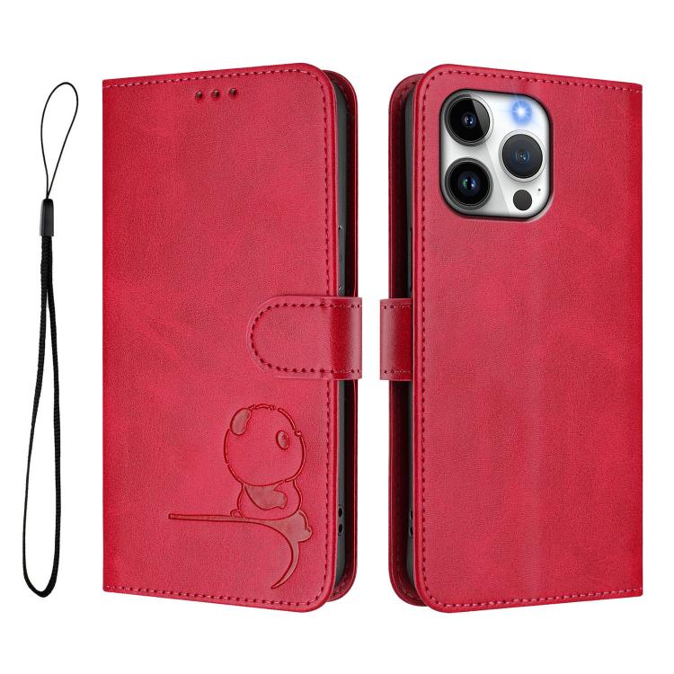 For iPhone 16 Pro Max Litter Panda Embossing RFID Leather Phone Case with Lanyard