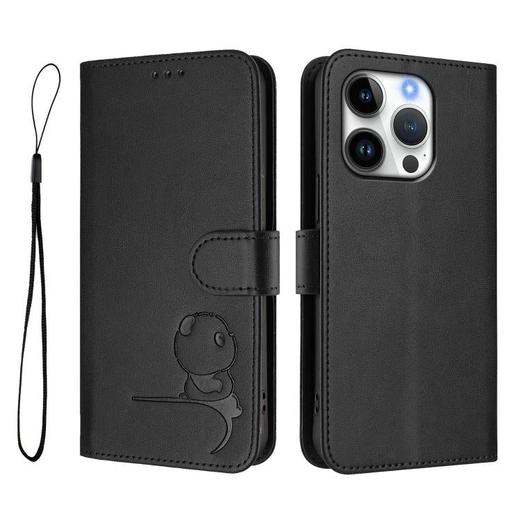 For iPhone 16 Pro Litter Panda Embossing RFID Leather Phone Case with Lanyard