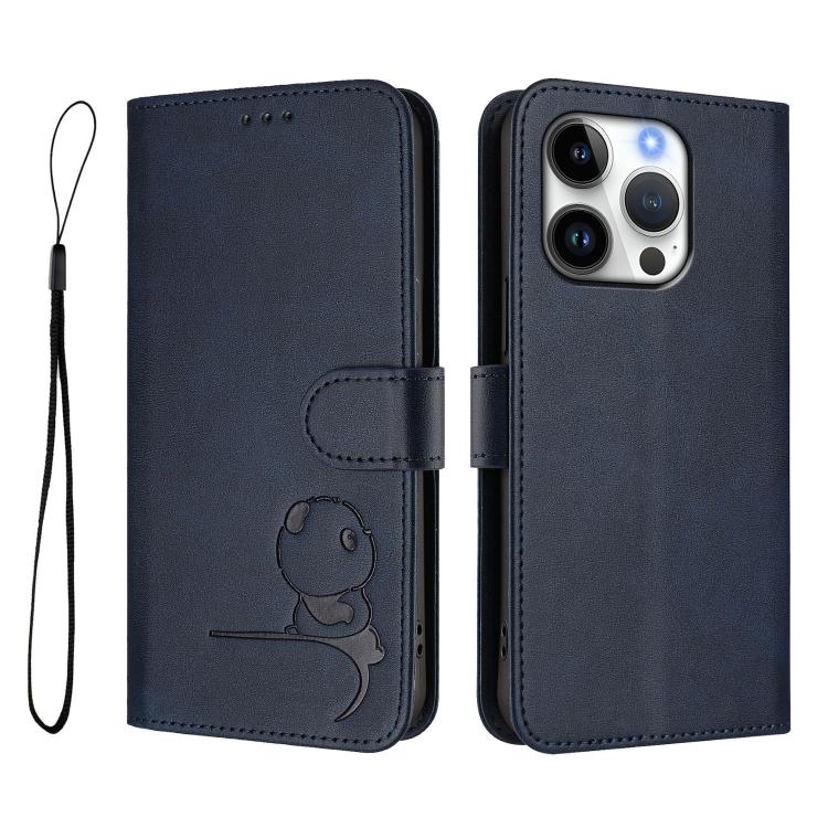 For iPhone 16 Pro Litter Panda Embossing RFID Leather Phone Case with Lanyard