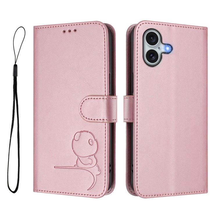 For iPhone 16 Plus Litter Panda Embossing RFID Leather Phone Case with Lanyard