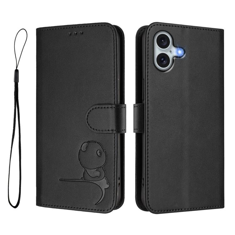 For iPhone 16 Plus Litter Panda Embossing RFID Leather Phone Case with Lanyard