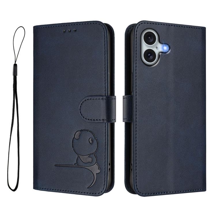 For iPhone 16 Plus Litter Panda Embossing RFID Leather Phone Case with Lanyard