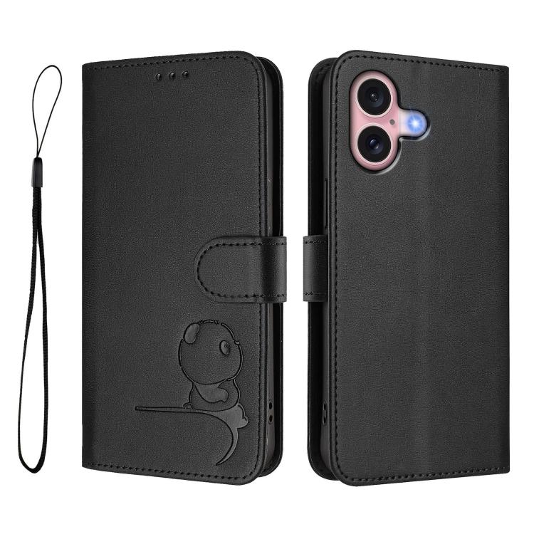 For iPhone 16 Litter Panda Embossing RFID Leather Phone Case with Lanyard