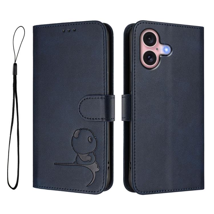 For iPhone 16 Litter Panda Embossing RFID Leather Phone Case with Lanyard