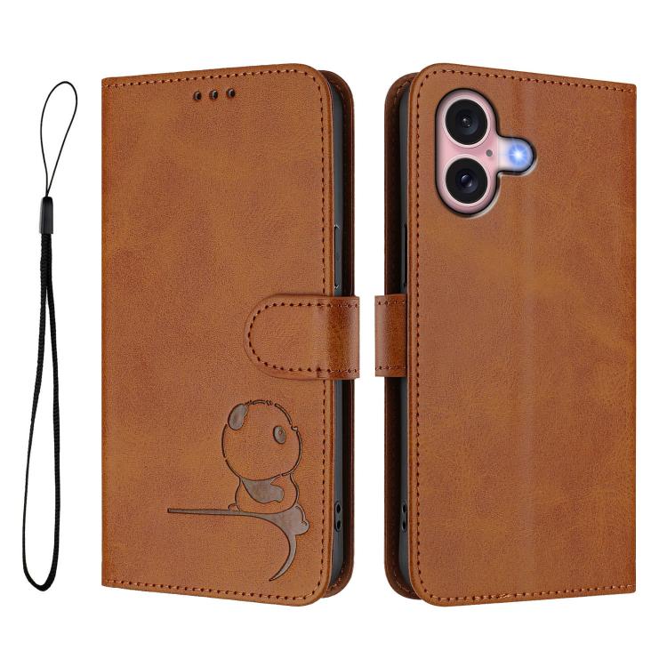 For iPhone 16 Litter Panda Embossing RFID Leather Phone Case with Lanyard