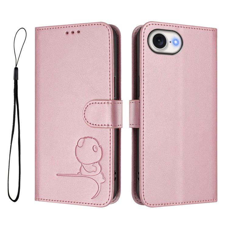 For iPhone 17e / 16e Litter Panda Embossing RFID Leather Phone Case with Lanyard