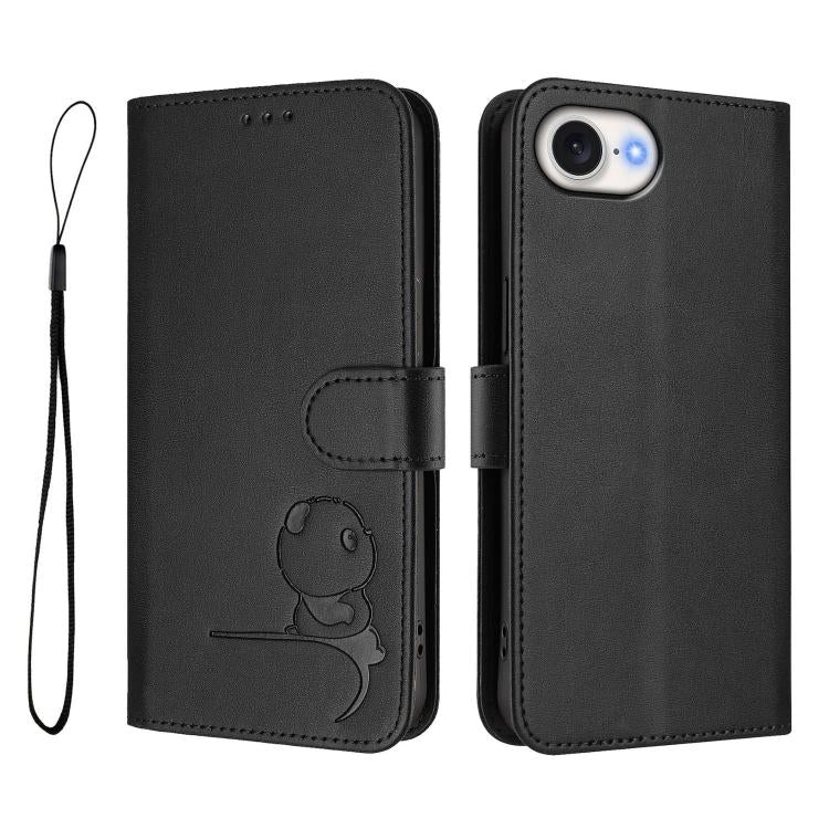 For iPhone 17e / 16e Litter Panda Embossing RFID Leather Phone Case with Lanyard