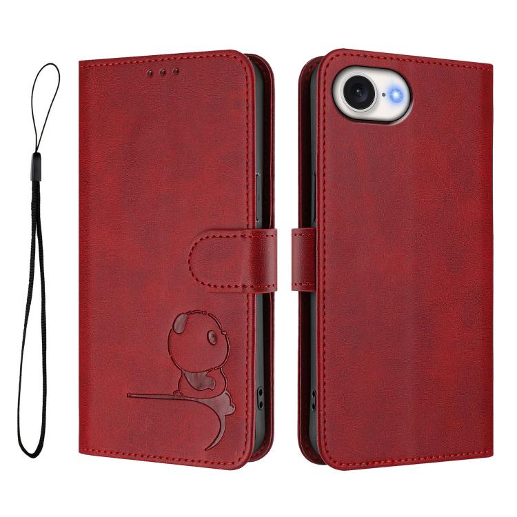 For iPhone 17e / 16e Litter Panda Embossing RFID Leather Phone Case with Lanyard