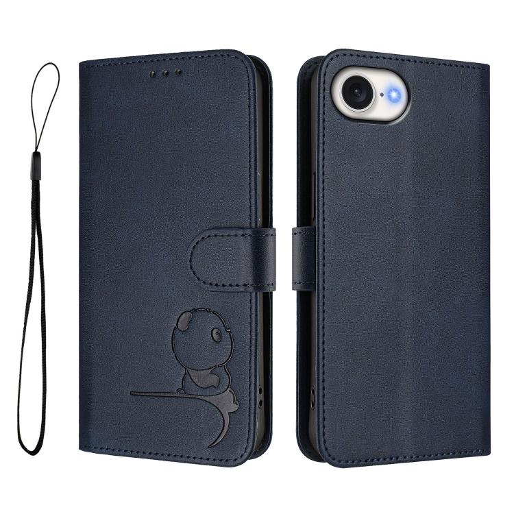For iPhone 17e / 16e Litter Panda Embossing RFID Leather Phone Case with Lanyard