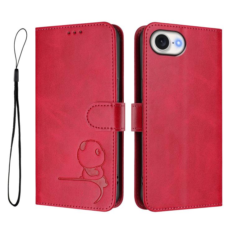 For iPhone 17e / 16e Litter Panda Embossing RFID Leather Phone Case with Lanyard